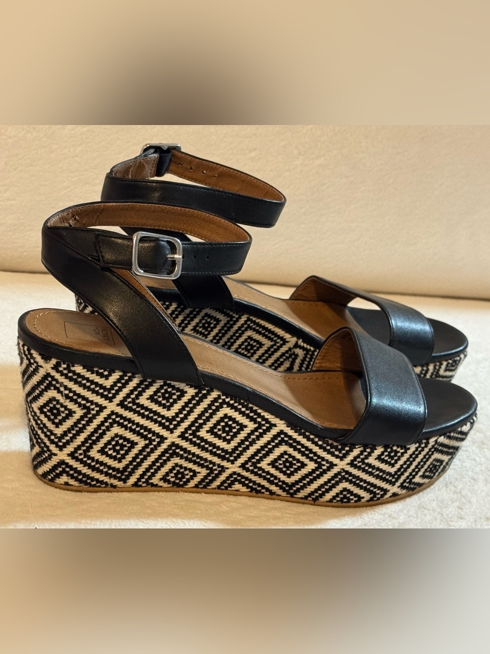 14th & Union Women's Black Ankle-Strap Geometric Platform Wedge Sandals Size 7.5